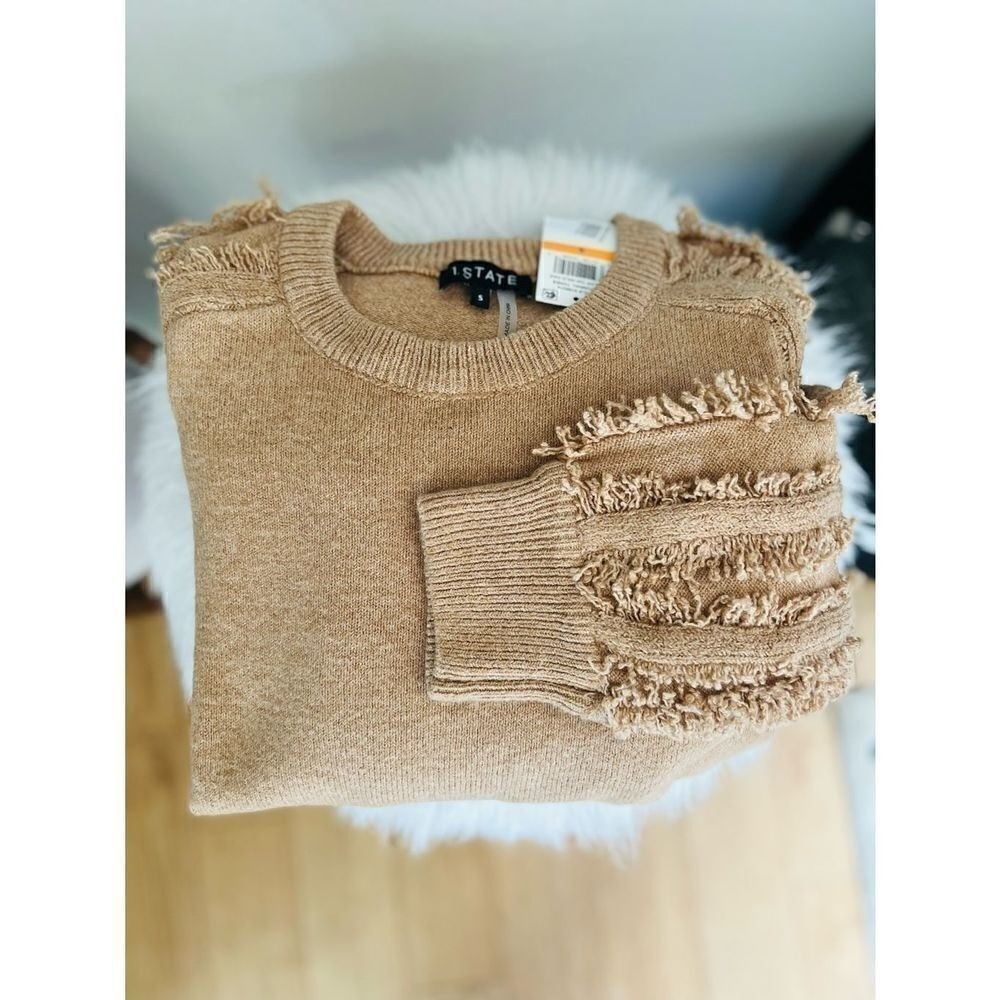 1.STATE Fringe Sleeve Sweater Top, Size Small (4-6), Tan, Wild Oak, Cozy, NWT - Picture 9 of 11